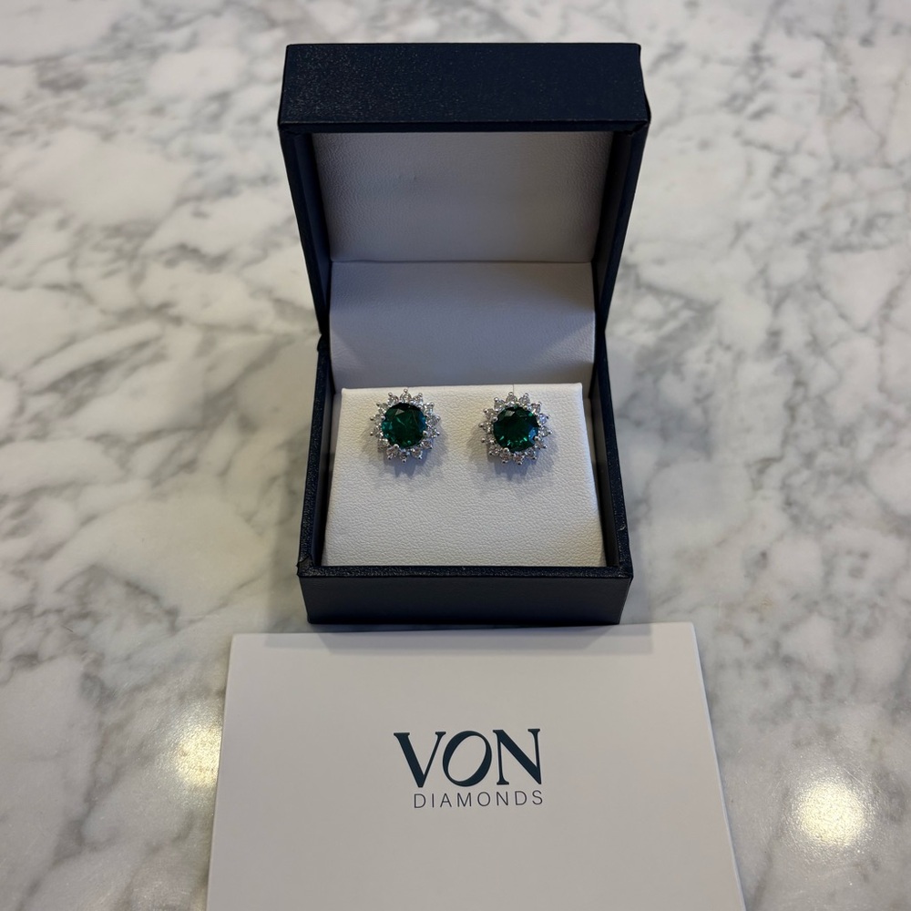 Von Diamonds 5 ctw Round Lab Created Emerald & Round Diamond Stud Earrings